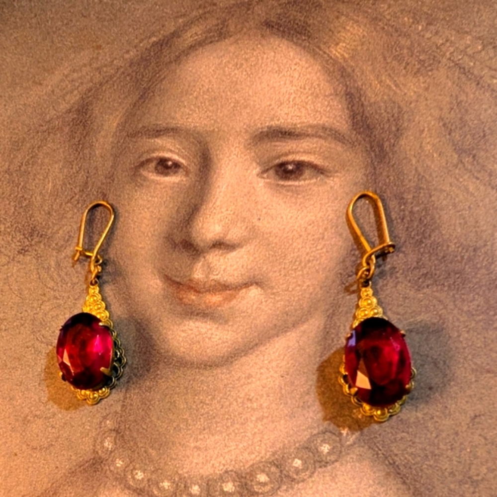 Antique Victorian Era Red Paste Stone Filigree Dangling Earrings